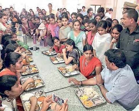 HRD Minister Ganta Srinivasa Rao dines with students of IIIT Nuzvid at the varsity campus on Sunday | Express