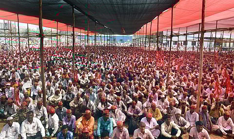 Mumbai Farmers participate in a long march organised by All Indian Kisan Sabha AIKS at Azad Maidan in Mumbai on Monday. (Photo: PTI)