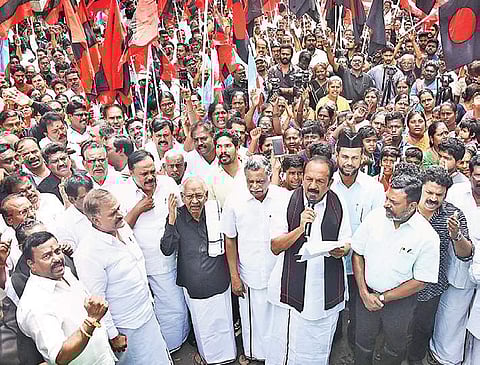 MDMK general secretary Vaiko, VCK leader Thol Thirumavalavan, CPI state secretary R Muthrasan and Dravidar Kazhagam president K Veeramani during a protest near the Chennai Collectorate on Tuesday | ASHWIN PRASATH