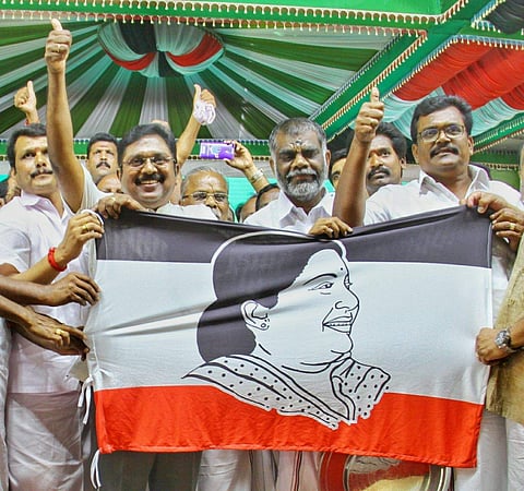 RK Nagar MLA TTV Dhinakaran introduced the party flag of his new party, in Melur in Madurai district, on Thursday. (EPS | K K Sundar)