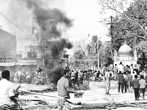 Local Muslims staging road blockade near Gandhi Chowk on Wednesday | Express