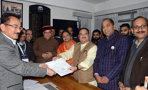 Union Health Minister and sitting Rajya Sabha member from Himachal Pradesh J P Nadda receives a letter for the Rajya Sabha seat after re-elected to the Upper House unopposed in Shimla on Thursday. | PTI