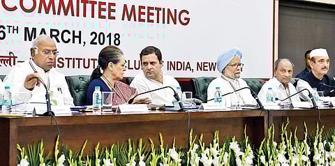 UPA chairperson Sonia Gandhi, Congress president Rahul Gandhi, former prime minister Manmohan Singh, Congress MP Mallikarjun Kharge and others during the Congress Steering Committee Meeting at Constitution Club in New Delhi on Friday | PTI