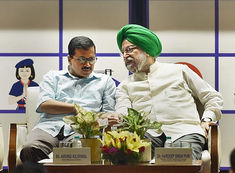 Union Minister for Urban Development Hardeep Singh Puri and Delhi Chief Minister Arvind Kejriwal| PTI