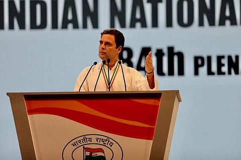 Congress chief Rahul Gandhi addressing the plenary session of the party in New Delhi on Saturday, the first with a new leader in two decades (Twitter @INCIndia)