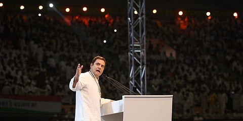 Congress president Rahul Gandhi addresses the 84th plenary session of the party at the Indira Gandhi Stadium in New Delhi. | (Shekhar Yadav | EPS)