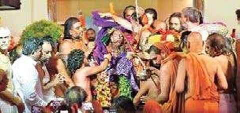 Rituals being performed on the mortal remains of Sri Jayendra Saraswathi Swamigal on the premises of Kanchi Kamakoti Peetam on Thursday | Express