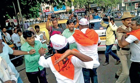 Activists of Veerashaiva and Lingayat community clashing with each other near Sardar Patel Circle in Kalaburagi on Monday evening