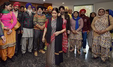 In this file photo dated 7 Feb 2016 EAM Sushma Swaraj meets with the family members of Indians stuck in Iraq. | PTI