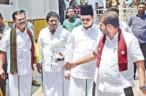 (From L) Kongu Ilaignar Peravai leader U Thaniyarasu, Mukkulathor Pulipadai leader S Karunas, IUML leader K A M Muhammed Abubacker and Manithaneya Jananayaka Makkal Katchi leader Thamimun Ansari staging a walkout from the Assembly on Monday | P Jawahar