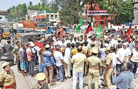 Cadre of various opposition parties staging a protest against the Ram Rajya Rath Yatra in Vellore on Tuesday | Express