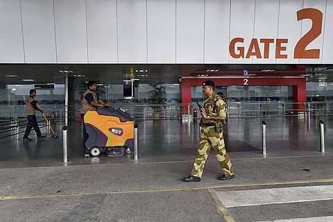 Security personnel stand guard at the revamped Terminal 2 of the Indira Gandhi International Airport in New Delhi. | PTI File Photo