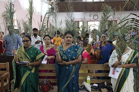 Faithful observe Palm Sunday at centenary Methodist Church at Chapel road in Hyderabad. (Express Photo | K Sathya Keerthi)