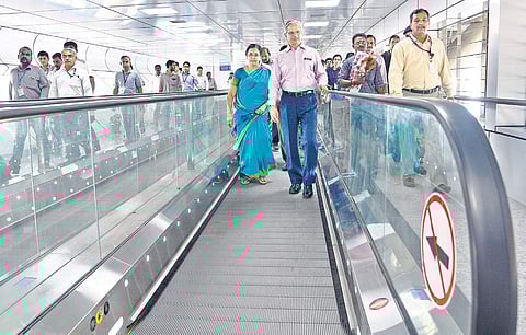 Civil Aviation Secretary R N Choubey, after inaugurating the walkalator between airport and the Metro station | Martin Louis