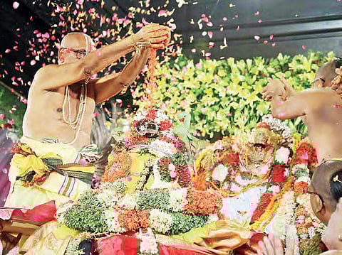 Celestial wedding of Lord Rama and Goddess Sita being performed in Bhadrachalam (right) priests performing Rama kalyanam at a Rama temple in Secunderabad on Monday | Express, Vinay Madapu