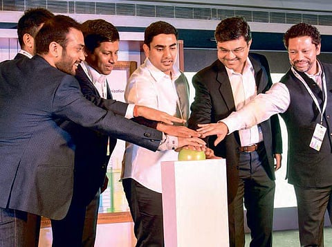IT Minister Nara Lokesh and entrepreneurs launch the Andhra Pradesh chapter of EO in Vijayawada on Monday | Express