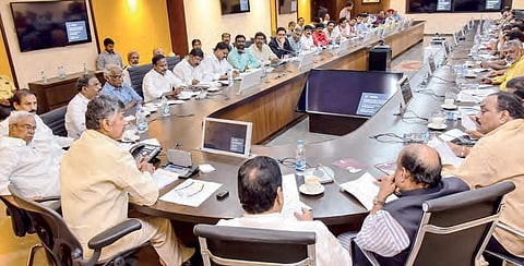 Chief Minister N Chandrababu Naidu addressing an all-party meeting at IGC in Velagapudi on Tuesday | Express