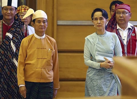 Myanmar's new President Win Myint (left) with leader Aung San Suu Kyi (right). (Photo | AP)
