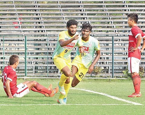 Afdal VK (C) of Kerala celebrates after scoring against Mizoram in the Santosh Trophy semifinal in Kolkata on Friday. Kerala won 1-0 | BIBHASH LODH