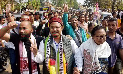 NPP candidate James Sangma displays victory sign on Saturday after winning Dadenggre constituency in Meghalaya. | PTI