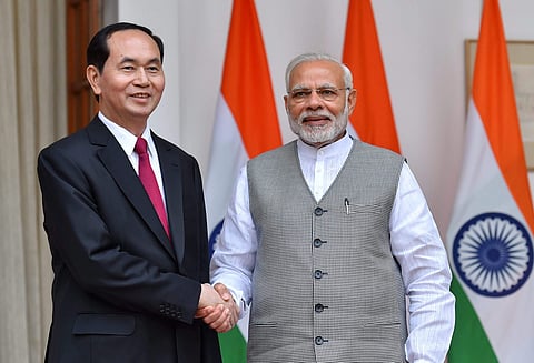 Prime Minister Narendra Modi with the President of the Socialist Republic of Vietnam Tran Dai Quang at Hyderabad House in New Delhi on Saturday. | PTI