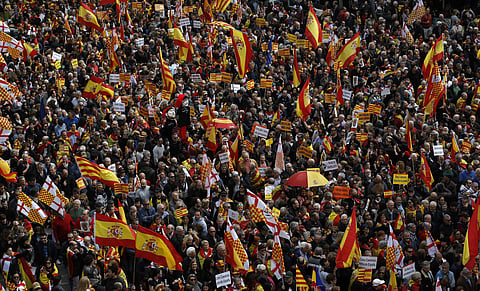 Pro Spanish demonstrators protest in the center of Barcelona. (Photo | AP)