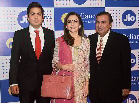 Mukesh Ambani Chairman Reliance Industries Ltd. with his wife Nita Ambani and son Akash Ambani | PTI