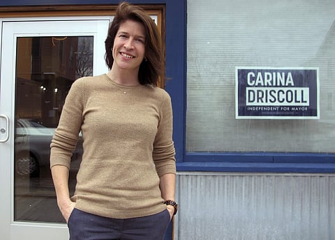 Carina Driscoll, stepdaughter of U.S. Sen. Bernie Sanders, stands outside her campaign office in Burlington, Vt. Driscoll is running for mayor against Democratic Burlington Mayor Miro Weinberger and fellow independent Infinite Culcleasure on March 6, 2018