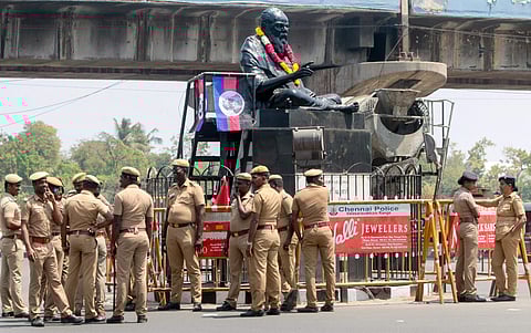 Police personnel guard the statue of rationalist leader E V Ramasamy popularly known as 'Periyar' in Chennai on Wednesday. | PTI