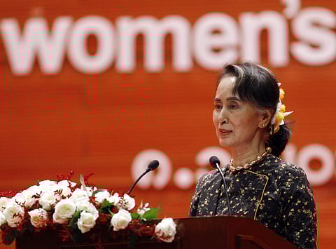 Myanmar's leader Aung San Suu Kyi delivers a speech during a ceremony to mark International Women's Day | AP