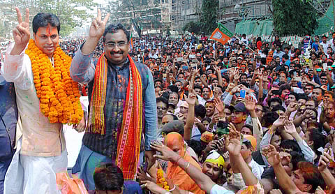 BJP National General Secretary Ram Madhav and Tripura BJP chief Biplab Kumar Deb celebrate the party's win in the Tripura assembly polls. | PTI File Photo