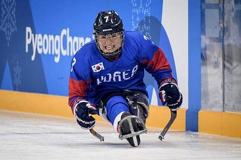 Choi Kwang-hyouk of South Korea attends an ice hockey training session of the Pyeongchang Winter Paralympic games at the Gangneung hockey centre in Pyongchang on March 8, 2019. (Photo | AFP)