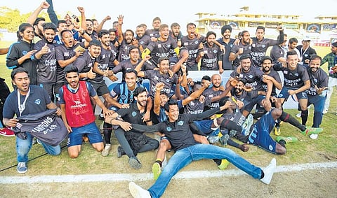 The victorious Minerva Punjab FC players/support staff celebrate after clinching the I-League title on Thursday