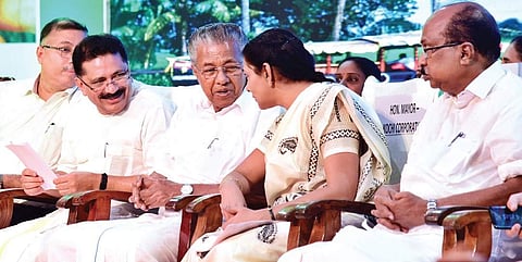 Chief Minister Pinarayi Vijayan interacting with Mayor Soumini Jain as Local Self-Government Minister K T Jaleel and K V Thomas MP look on. A scene from the inauguration of Brahmapuram waste-to-energytreatment plant | Express