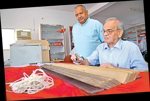 A rare piece of palm leaf manuscript which is 90 cm long and 5 cm wide is an 18th century Mummadi Krishnaraja Wadiyar period
