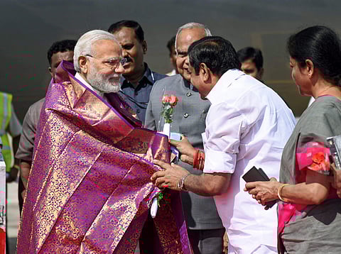 Prime Minister Narendra Modi being welcomed by the Tamil Nadu Chief Minister Edappadi K Palaniswami on his arrival in Chennai. | PTI
