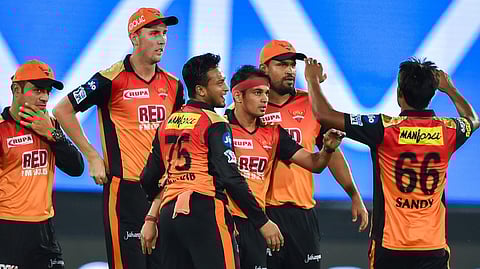 Sunrisers Hyderabad bowler Siddarth Kaul celebrates with teammates after dismissing Mumbai Indians batsman Evin Lewis | PTI