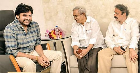 CPM AP secretary P Madhu and CPI leader K Ramakrishna with JSP chief Pawan Kalyan in Hyderabad | Express