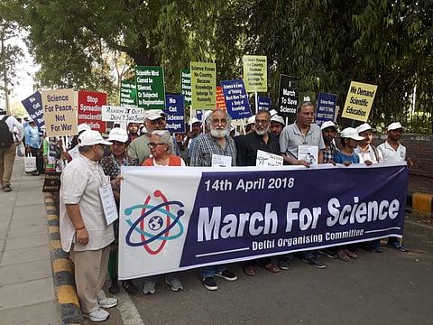 Scientists, academicians protest against government’s “anti-science policies” in Delhi on Saturday. (Photo | EPS)