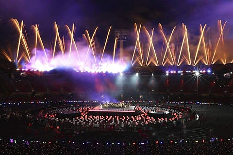 Fireworks light up at Carrara Stadium during the closing ceremony of the 2018 Commonwealth Games on the Gold Coast, Australia, Sunday, April 15, 2018. | AP