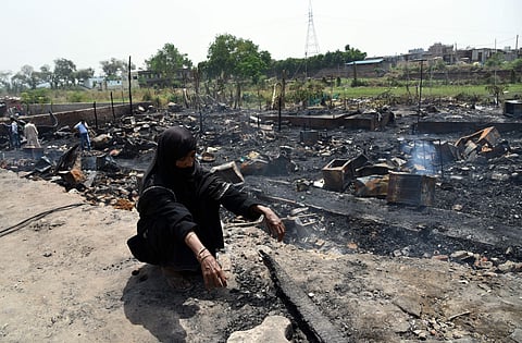 An early Sunday fire razed down a Rohingya camp in the Kalindi Kunj area of New Delhi on April 15 (Express Photo | Parveen Negi)