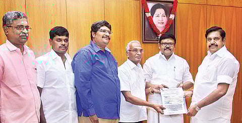S Vairavan, secretary, Booksellers and Publishers’ Association of South India, handing over a cheque of `2 lakh to Chief Minister Edappadi K Palaniswami to set up Tamil Chair in Harvard University, on Monday | Express