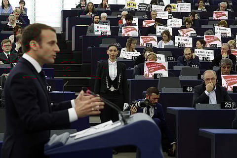 French President Emmanuel Macron delivers his speech at the European Parliament in Strasbourg | AP