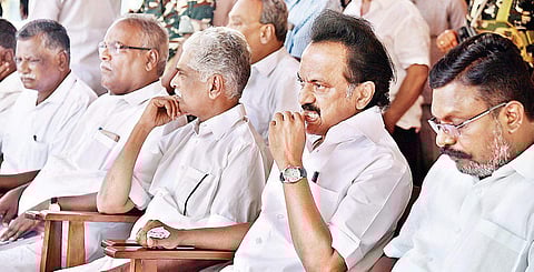 DMK working president M K Stalin, VCK chief Thol Thirumavalavan and other Opposition leaders during a protest meeting against the dilution of SC/ST Act, in Chennai on Monday | P Jawahar