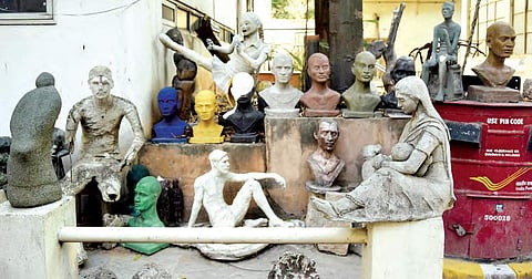 Sculptures made by JNAFAU students lying outside as it lacks space inside| VINAY MADAPU