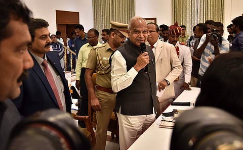Governor Banwarilal Purohit speaks during a press meet held at Raj Bhavan in connection with sex scandle involving MK University on Tuesday in Chennai. | (P Jawahar | EPS)