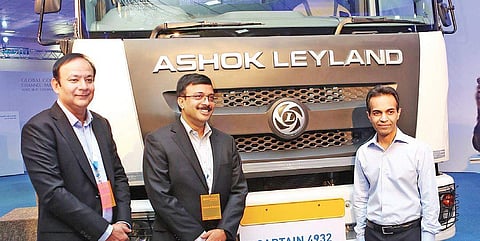 (L - R) Anuj Kathuria, president, Global Trucks, Ashok Leyland; Vinod K. Dasari, MD & CEO, Ashok Leyland and Dheeraj G. Hinduja, chairman, Ashok Leyland at the company’s Global Conference 2018.