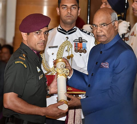 President Ram Nath Kovind confers Padma Bhushan to Indian cricketer M.S. Dhoni during the Padma Awards 2018 function at Rastrapati Bhawan in New Delhi on Monday. (Photo | PTI)