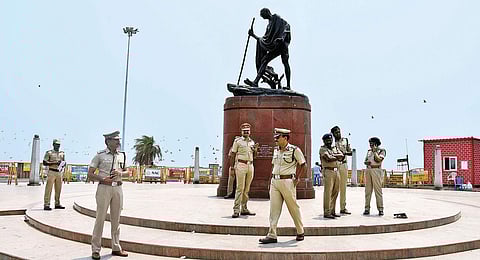 Police personnel guarding the Marina Beach on Sunday, to prevent any untoward incident in the wake of protests for CMB | ASHWIN PRASATH