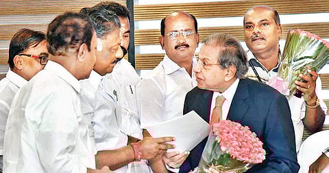 A delegation led by Deputy Chief Minister O Panneerselvam meeting N K Singh, the Chairman of the 15th Finance Commission, in New Delhi on Thursday | Express